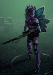 3_fingers ambiguous_gender armband armor clothed clothing digitigrade fingers flower gun headgear helmet midriff plant ranged_weapon rifle simple_background solo standing weapon colorzblind starbound elemental_creature elemental_humanoid flora_fauna floran humanoid plant_humanoid hi_res portrait