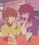 anthro biped brown_hair burger clothed clothing detailed_background duo eating female food fries hair male pink_body purple_eyes sskomu_(artist) deltarune undertale_(series) kris_(deltarune) susie_(deltarune) human mammal scalie hi_res