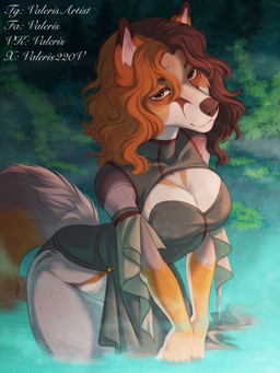 anthro breasts brown_eyes brown_hair brown_nose cleavage clothed clothing female fur grey_body grey_fur hair high-angle_view inner_ear_fluff leaf looking_at_viewer markings medium_breasts medium_hair multicolored_hair no_underwear orange_markings outside partially_submerged plant smile snout solo tail text tuft two_tone_hair wavy_hair wet wet_body wet_fur white_body white_fur valeris canid canine fox mammal 2024 3:4 colored digital_drawing_(artwork) digital_media_(artwork) english_text hi_res shaded