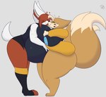 2_tails ahoge anthro anthrofied athletic athletic_anthro athletic_male belly belly_overhang big_belly big_breasts big_butt black_body black_fur breasts butt cheek_tuft clothed clothing duo eyewear facial_tuft feet female fur glasses grey_background hair hand_on_belly heart_symbol holding_stomach hug huge_butt huge_hips huge_thighs leaning leaning_forward male male/female multi_tail multicolored_body multicolored_fur nose_to_nose obese obese_anthro obese_female one-piece_swimsuit orange_body orange_fur orange_hair overweight overweight_anthro overweight_female pokemorph red_eyes romantic romantic_couple simple_background swimwear tail thick_thighs toeless_(marking) tuft white_body white_fur wide_hips yellow_body yellow_fur dewwydarts nintendo pokemon bailey_(dewwydarts) steve_(dewwydarts) cinderace floatzel generation_4_pokemon generation_8_pokemon pokemon_(species) 2021 hi_res