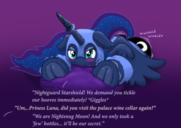 blue_body blue_feathers blush butt clothing costume cutie_mark dialogue drunk feathered_wings feathers female feral hooves horn lying pillow solo substance_intoxication text underhoof wings caroo friendship_is_magic hasbro my_little_pony mythology princess_luna_(mlp) equid equine mammal mythological_creature mythological_equine winged_unicorn english_text