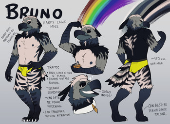 4_toes 5_fingers anthro avian_arms avian_feet avian_legs beak biped black_nipples black_sclera bulge clothed clothing color_swatch cosmetics digitigrade feathers feet fingers front_view glowing glowing_tongue grey_background grey_beak grey_body lgbt_pride male multiple_angles navel nipples open_beak open_mouth pride_colors rainbow_flag rainbow_pride_flag rainbow_symbol rear_view scutes simple_background solo standing tail tail_feathers talons text toes tongue underwear underwear_only white_body white_eyes white_feathers yellow_clothing yellow_underwear theblueprussian bruno_(theblueprussian) accipitrid accipitriform avian bird eagle harpy_eagle 2023 digital_drawing_(artwork) digital_media_(artwork) english_text hi_res model_sheet