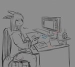 annoyed anthro bottomwear clothed clothing computer_mouse drawing_tablet ears_back electronics female holding_object holding_pen hoodie monitor mouth_closed narrowed_eyes pants pen pivoted_ears profanity sitting solo tablet_pen text topwear conditional_dnp kiva~ kiva_(kiva) english_text partially_colored