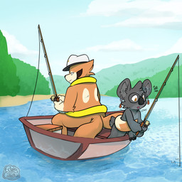 ambiguous_gender anthro boat clothing duo ear_piercing ear_ring eyewear fishing fishing_rod glasses hat headgear headwear lake leaning multi_tail piercing ring_piercing sitting stepping tail tail_wrapped_around vehicle watercraft eclairscollection nintendo pokemon floatzel generation_4_pokemon koala mammal marsupial pokemon_(species) vombatiform hi_res