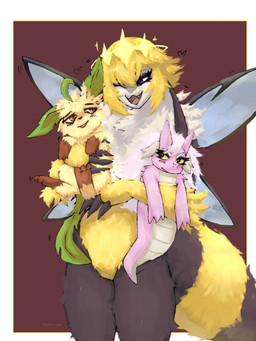 3_fingers 3_toes ambiguous_gender anthro apode blonde_hair brown_background brown_body brown_eyes brown_fur cute_fangs fangs feet female feral fingers fur group hair hug hugging_another hugging_from_behind legless looking_at_another male open_mouth pale_fur paws pink_body pink_hair pink_skin purple_eyes serpentine simple_background teeth toes tongue trio white_body white_fur wings dark_rya dungeon_odyssey nintendo pokemon solo_farming_in_the_tower pinkie_(dungeon_odyssey) queen_poisonous_honeybee_(solo_farming_in_the_tower) draconcopode eeveelution generation_4_pokemon leafeon naga pokemon_(species) 2026 absurd_res hi_res portrait three-quarter_portrait