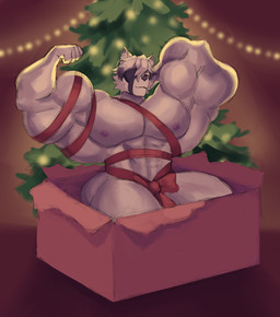anthro barazoku biceps big_muscles bow_ribbon christmas_decorations christmas_tree holidays huge_muscles hyper hyper_muscles male muscular muscular_anthro muscular_male nipples pecs plant ribbons solo tree mariamame christmas mihoyo zenless_zone_zero von_lycaon canid canine canis mammal thiren wolf absurd_res hi_res