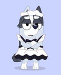 annoyed clothing crossed_arms female fur grey_body grey_fur hug_request maid_uniform spots uniform showfran bluey_(series) trixie_heeler australian_cattle_dog canid canine canis cattledog domestic_dog herding_dog mammal pastoral_dog hi_res