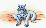 anthro bed blue_body blue_fur female fur furniture holidays kissing_bough long_tail mistletoe plant solo tail catwolf christmas canid canine mammal