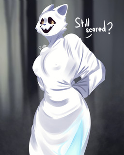 anthro big_breasts big_butt breasts butt clothed clothing costume female forest forest_background ghost_costume halloween_costume holidays looking_at_viewer nature nature_background nipple_outline nipples open_mouth plant small_waist smile solo text thick_thighs tree wide_hips rodd.y halloween ghost mammal spirit 4:5 absurd_res digital_media_(artwork) english_text hi_res