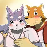 5_fingers anthro black_nose blush clothed clothing countershading duo fingers male smile bearlovestiger13 lagoon_lounge tooboe_bookmark natsume_(tooboe_bookmark) seiya_inami canid canine canis domestic_dog mammal 1:1 2015