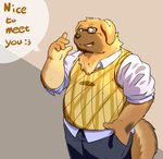 2015 anthro bottomwear brown_body brown_fur canid canine canis clothing domestic_dog english_text eyewear fur glasses hi_res humanoid_hands kemono male mammal overweight overweight_anthro overweight_male pants shirt simple_background solo text topwear wdh3905