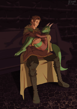 anthro bench boots breasts bridal_carry brown_hair carrying_another cloak clothing digitigrade duo feet female footwear green_body hair holding_another horn larger_anthro larger_male light looking_at_another male male/female scar shoes size_difference smaller_anthro smaller_female tail toes gamesfan human kobold mammal scalie absurd_res digital_media_(artwork) hi_res lighting watermark