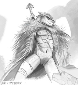 abs andromorph anthro cape cape_only clitoris clothing crossgender genitals intersex low-angle_view male melee_weapon mostly_nude mostly_nude_andromorph mostly_nude_anthro mostly_nude_intersex mti_crossgender navel nude pecs pubes scar solo standing sword vulva weapon worm's-eye_view fritzbonn elden_ring fromsoftware blaidd_(elden_ring) canid canine canis mammal wolf 2022 absurd_res alternate_version_at_source hi_res