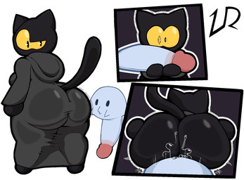 ambiguous_penetration anthro big_butt big_penis black_body black_fur bodily_fluids breasts butt cat_tail cloak clothed clothing duo erection female female_penetrated fur genital_fluids genitals ghost_sex glans holding_penis holidays looking_back male male/female male_penetrating male_penetrating_female not_furry penetration penile penis rough_sex sex shaking shocked simple_background tail thick_thighs trembling white_background lewdewott google google_doodle halloween magic_cat_academy momo_(google) domestic_cat felid feline felis ghost mammal spirit comic digital_drawing_(artwork) digital_media_(artwork) hi_res