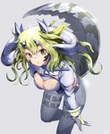 belt breasts clothing female gloves green_hair hair handwear horn simple_background solo bueong arknights hypergryph studio_montagne estelle_(arknights) animal_humanoid humanoid scalie scalie_humanoid 2019 absurd_res hi_res