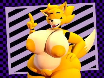 4_fingers anthro areola belly big_areola big_breasts blonde_hair breasts casual_nudity checkered checkered_background eyelashes eyes_closed fangs female fingers genitals gesture hair hand_gesture hand_on_hip huge_areola huge_breasts huge_hips innie_vulva machine nipple_dip nipples pattern_background plump_labia raised_finger raised_index_finger short_hair simple_background solo striped_background tail teeth thick_thighs vulva wide_hips yellow_areola yellow_body yellow_nipples sanco_(artist) sanco_(modeler) sanca_(sanco) animatronic canid canine fox mammal robot robot_anthro 3d_(artwork) 4:3 digital_media_(artwork)