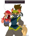 age_difference anthro armor benikage brown_hair canid canine canis child claws clothing colored colored_sketch crossgender duo ears_down emoticon eyes_closed fandom_(website) female fur gold_(metal) grabbing_from_behind hair hi_res inner_ear_fluff kirby:_right_back_at_ya! kirby_(series) male male/female mammal military mtf_crossgender ninja nintendo older_female pivoted_ears sad short_tail simple_background sketch snowyfoxpixel soldier tail tuft warrior watermark wolf yamikage young younger_male