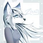 anthro blue_body blue_eyes blue_fur breasts clothing female fur hair markings multicolored_hair shirt side_view simple_background solo spots topwear white_background white_body white_fur white_hair taykoe zhai_kovac canid canine fox mammal 1:1 2014 digital_media_(artwork) half-length_portrait portrait