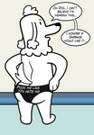 anthro clothing dialogue dirty_talk male open_mouth presenting profanity solo space speech_bubble text underwear grolarbearsins dogs_in_space happy_(dogs_in_space) canid canine canis domestic_dog mammal poodle english_text hi_res