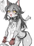 :3 anthro big_breasts biped blush bodily_fluids breasts cheek_tuft cleavage clothed clothing cute_fangs facial_tuft female female_anthro glistening glistening_body gloves grey_body grey_face grey_hair hair handwear inner_ear_fluff kemono long_hair open_:3 open_mouth pupils saliva shirt simple_background slit_pupils solo standing sweat tank_top thong topwear tuft two_tone_face underwear white_background white_face yellow_sclera kamen_no_hito kumamine safety_cat genba_neko domestic_cat felid feline felis mammal 3:4 colored_sketch hi_res sketch