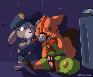 4_fingers 4_toes anthro bodily_fluids crying duo feet female fingers fur male muzzle_(object) muzzled tears toes young young_anthro oniwanbashu disney zootopia judy_hopps nick_wilde canid canine european_rabbit fox lagomorph leporid mammal oryctolagus rabbit red_fox true_fox hi_res
