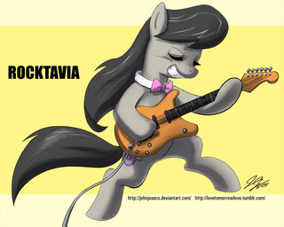 black_hair bow_(feature) bow_tie cutie_mark electric_guitar female guitar hair long_hair musical_instrument playing_guitar playing_music plucked_string_instrument simple_background solo string_instrument tail text john_joseco fender_musical_instruments_corporation friendship_is_magic hasbro my_little_pony stratocaster octavia_(mlp) earth_pony equid equine horse mammal pony 5:4 hi_res url