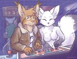 anthro arcade arcade_machine breasts brown_body brown_eyes brown_fur casual_nudity clothed clothing detailed_background duo featureless_breasts female fur jacket male smile topless topwear gavbat neo_geo bobcat canid canine felid feline fox lynx mammal 2021 digital_media_(artwork)