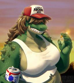 anthro belly beverage_can breasts cigarette clothing crop_top female green_body green_scales grin hat hat_over_eyes headgear headwear holding_cigarette holding_object non-mammal_breasts outside overweight overweight_anthro overweight_female scales sharp_teeth shirt smile smoke smoke_from_nose smoking smoking_cigarette solo sunset teeth topwear trucker_hat salamanding pabst_blue_ribbon winn_(churchie) alligator alligatorid crocodilian reptile scalie half-length_portrait hi_res portrait