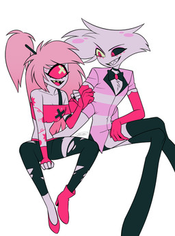 1_eye 4_arms anthro bra_strap chest_tuft clothed clothing duo female fist_pump male multi_arm multi_limb sharp_teeth simple_background teeth tuft white_background enaic31 hazbin_hotel hellaverse angel_dust cherri_bomb_(hazbin_hotel) arachnid arthropod cyclops demon demon_humanoid humanoid spider 2026 absurd_res digital_media_(artwork) hi_res