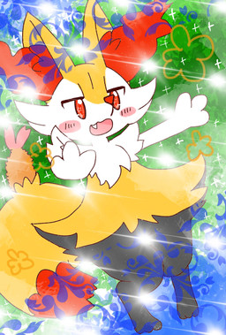 abstract_background ambiguous_anthro ambiguous_gender anthro arms_out biped blush cute_fangs digitigrade dipstick_tail dutch_angle fangs food front_view markings object_in_tail open_mouth open_smile shrimp_(food) smile snout solo sparkles standing tail tail_markings teeth thigh_gap annyui0611 braixen_day nintendo pokemon pokemon-specific_day braixen canid generation_6_pokemon mammal pokemon_(species) 2022 digital_drawing_(artwork) digital_media_(artwork) full-length_portrait hi_res japanese_description portrait translated_description