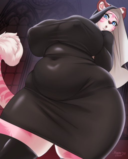 anthro belly big_breasts biped black_clothing blue_eyes breasts clothed clothing eyelashes female huge_breasts legwear navel nipple_outline nun pink_body pupils religious_clothing slightly_chubby small_waist solo tail thick_thighs thigh_highs wide_hips tiggybloom marzipan_(tiggybloom) felid mammal pantherine tiger 2025 hi_res