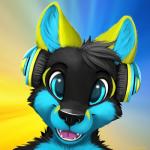 anthro black_headphones blue_eyes blue_headphones electronics fur hair happy headphones looking_at_viewer male multicolored_headphones open_mouth simple_background smile solo teeth tongue yellow_headphones jamesfoxbr canid canine canis fox mammal wolf 1:1 2014 bust_portrait digital_media_(artwork) icon portrait