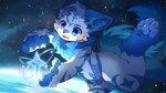 4_fingers anthro biped blue_body blue_eyes blue_fur blush blush_lines cosmic_background fangs feet fingers floating fur handpaw hindpaw kemono male multicolored_body multicolored_fur neck_tuft open_mouth open_smile pawpads paws smile solo space star teeth tuft white_body white_fur hlg7777 canid canine canis mammal wolf 16:9 2025 digital_drawing_(artwork) digital_media_(artwork) hi_res shaded wallpaper widescreen