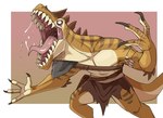 anthro bottomwear brown_bottomwear brown_clothing brown_loincloth clothing loincloth male mouth_shot neck_spikes open_mouth orange_body pink_tongue sharp_teeth solo standing striped_arms striped_legs striped_neck teeth tongue yellow_body imperatorcaesar dinosaur prehistoric_species reptile scalie hi_res