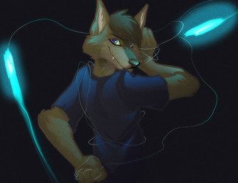 anthro black_nose blue_clothing blue_glowstick blue_shirt blue_t-shirt blue_topwear brown_body brown_fur clothing dark ears_up eyebrows fangs fur glowstick holding_thread inner_ear_fluff looking_at_viewer looking_back male purple_eyes shirt smile solo t-shirt teeth thread topwear tuft white_inner_ear_fluff unknown_artist canid canine canis coyote mammal