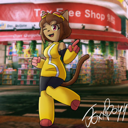 anthro female smile solo standing foxxboyy gameoverse glitch_productions kit_bodega domestic_cat felid feline felis mammal 1:1 absurd_res hi_res