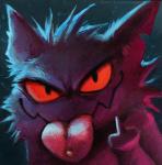 ambiguous_gender big_tongue gesture hand_gesture making_faces middle_finger notched_ear piercing red_eyes rude solo taunting teasing tongue tongue_out tongue_piercing kenket nintendo pokemon generation_1_pokemon gengar pokemon_(species) 2018 reaction_image traditional_media_(artwork)