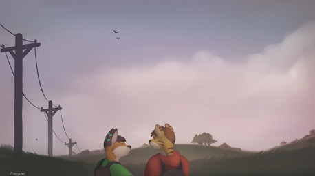 anthro backpack clothing countershading duo hoodie male outside topwear utility_pole mytigertail gabe_(mytigertail) lan_(zeta-haru) avian bird canid canine felid fox mammal pantherine tiger 2016 hi_res signature