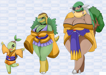 anthro anthrofied asian_clothing big_breasts black_eyes breasts brown_body clothing east_asian_clothing female grass green_body group japanese_clothing kimono plant pokeball pokemorph red_eyes standard_pokeball tail thick_thighs trio wide_hips urusee584 nintendo pokemon generation_4_pokemon grotle pokemon_(species) torterra turtwig absurd_res hi_res