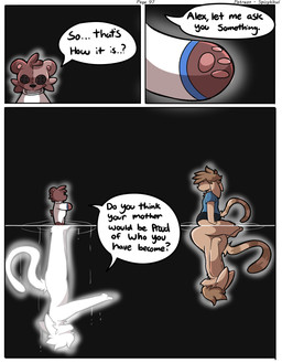 anthro black_background brown_body brown_hair dialogue duo ears_down extended_arm gesture hair hand_gesture head_down kneeling male pivoted_ears plushie pointing pointing_at_another simple_background tail text white_body young spicykiwi alex_(spicykiwi) animate_inanimate bear domestic_cat felid feline felis hybrid lagomorph leporid living_plushie mammal rabbit absurd_res comic english_text hi_res story