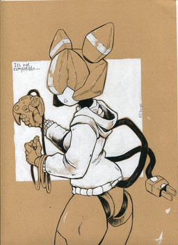 bottomless clothed clothing covered_eyes dialogue female hoodie hoodie_only looking_at_viewer machine robot_ears solo standing tail topwear topwear_only ethan8bit ev_bright humanoid robot robot_humanoid absurd_res hi_res huge_filesize traditional_media_(artwork)