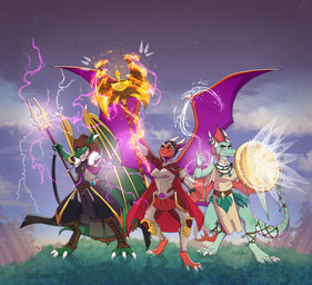 anthro armor axe battle_axe belly bottomwear brown_hair cape chainmail claws cloak clothing cream_belly druid electricity electricity_manipulation elemental_manipulation female fighting_pose fin fire fire_manipulation grass green_body green_eyes grin group hair holding_battle_axe holding_melee_weapon holding_object holding_shield holding_staff holding_weapon horn ice_manipulation loincloth magic_user male markings melee_weapon mint_body multicolored_body navel open_mouth orange_eyes outside paws plant pose potion potion_bottle purple_belly red_body robe scale_markings scales shield smile spread_wings staff tail tail_fin tail_mane teeth toe_claws tribal_spellcaster trio two_tone_body warrior water_manipulation weapon white_belly winged_arms wings yellow_eyes riboo european_mythology mythology alexandra_fay alki_moss amynta_emms dragon forest_dragon mythological_creature mythological_scalie scalie sea_wyvern western_dragon wyvern hi_res