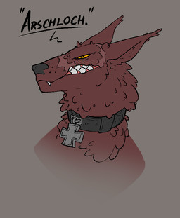 anthro blush collar cross fangs female iron_cross profanity showing_teeth simple_background solo teeth text yellow_eyes xenopera mythology sergeant_(xenopera) canid canine mammal mythological_canine mythological_creature werecanid werecanine werecreature werewolf bust_portrait german_text portrait translated