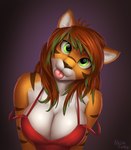 anthro big_breasts blep breasts brown_hair brown_stripes cleavage clothed clothing cross-eyed female fur green_eyes green_hair hair head_tilt looking_at_viewer multicolored_hair orange_body orange_fur purple_background simple_background solo striped_body striped_fur stripes tongue tongue_out whiskers white_body white_fur naive_tabby mirrah felid mammal pantherine tiger 2020 absurd_res digital_media_(artwork) hi_res shaded signature soft_shading