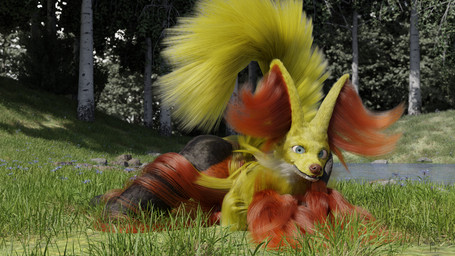 ambiguous_gender anthro black_body black_fur blue_eyes fur grass inner_ear_fluff looking_at_viewer lying_on_ground on_ground outside plant red_body red_fur solo tail tree tuft white_body white_fur yellow_body yellow_fur doublestuffed nintendo pokemon delphox generation_6_pokemon pokemon_(species) 16:9 3d_(artwork) blender_(artwork) digital_media_(artwork) hi_res widescreen