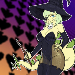 anthro big_breasts biped black_clothing black_legwear black_thigh_highs blue_eyes bone breasts bunny_costume clothed clothing costume eyebrows female fingers green_body green_hair hair hand_on_hip hat headgear headwear holidays humanoid_hands legwear long_tail looking_at_viewer low-angle_view medium_hair navel non-mammal_navel outline pattern_background queen_of_spades_symbol raised_inner_eyebrows simple_background skimpy skull smile solo spiked_tail spikes spikes_(anatomy) standing tail thigh_highs translucent translucent_clothing white_outline witch_hat chervyarts cavemanon_studios goodbye_volcano_high halloween ko_op_(game_developer) snoot_game stella_(gvh_beta) dinosaur ornithischian prehistoric_species reptile scalie stegosaurian stegosaurus thyreophoran 1:1 2025 colored portrait shaded three-quarter_portrait