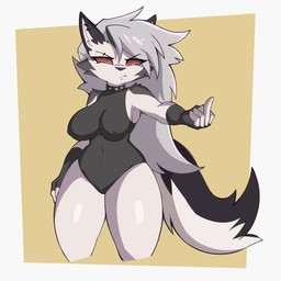 anthro big_breasts breasts clothing collar ear_piercing female fur gesture hair hand_gesture middle_finger nipple_outline one-piece_swimsuit piercing red_sclera simple_background solo standing swimwear tail white_body white_fur kironzen hellaverse helluva_boss mythology loona_(helluva_boss) canid canid_demon canine demon hellhound mammal mythological_canine mythological_creature 1:1 digital_media_(artwork) hi_res