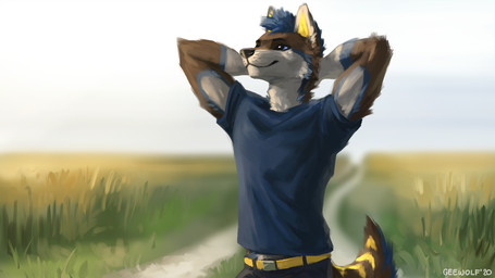 anthro black_nose blue_body blue_fur blue_hair blue_sky blurred_background bottomwear clothed clothing countershade_arms countershade_face countershade_neck countershading detailed_background ears_up fur grass hair happy male one_eye_closed orange_body orange_fur outside pants plant raised_tail sky smile solo standing tail white_body white_fur year geewolf canid canine canis coyote hybrid mammal wolf 16:9 2020 dated digital_media_(artwork) digital_painting_(artwork) half-length_portrait hi_res painting_(artwork) portrait shaded signature widescreen