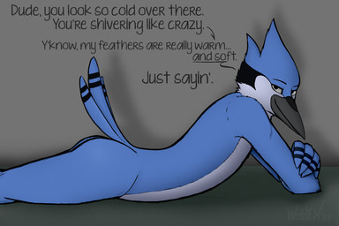 4_fingers anthro arms_bent athletic athletic_male beak bed bedroom bedroom_eyes black_body black_feathers black_markings blue_body blue_feathers butt cere_(anatomy) countershading crossed_arms dialogue eyebrows feather_hair feather_hands feather_markings feather_tuft feathered_crest feathers finger_markings fingers from_side furniture grey_beak head_crest inside inviting inviting_to_bed inviting_to_sex inviting_viewer legs_together looking_aside looking_at_viewer lying lying_on_bed male markings mouth_closed narrowed_eyes nude on_bed on_front pseudo_hair pupils relaxing seductive shadow side_view simple_background slim slim_anthro slim_male smile smiling_at_viewer smirk smirking_at_viewer solo straight_legs tail tail_feathers talking_to_viewer tall tall_male text tuft turning_head white_body white_countershading white_feathers white_sclera welden_(artist) cartoon_network regular_show mordecai_(regular_show) avian bird blue_jay corvid jay_(bird) new_world_jay oscine passerine 3:2 english_description english_text hi_res shaded story story_at_source story_in_description