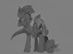 duo female feral fur grey_background hair hooves male nude open_mouth simple_background smile teeth lulemt hasbro my_little_pony fan_character bat_pony equid mammal greyscale monochrome